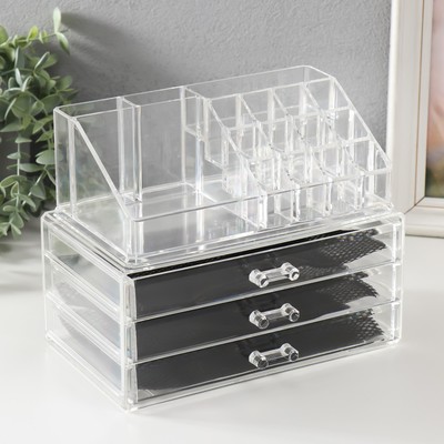 Шкатулка-органайзер для хранения мелочей, украшений 3 ящика, пластик, прозрачная, 19×24×14 см