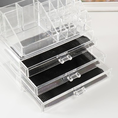 Шкатулка - органайзер для хранения мелочей, украшений 3 ящика, пластик, прозрачная, 19×24×14 см