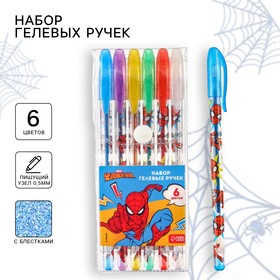 Ручка шариковая с блестками, 6 цветов, Человек-паук