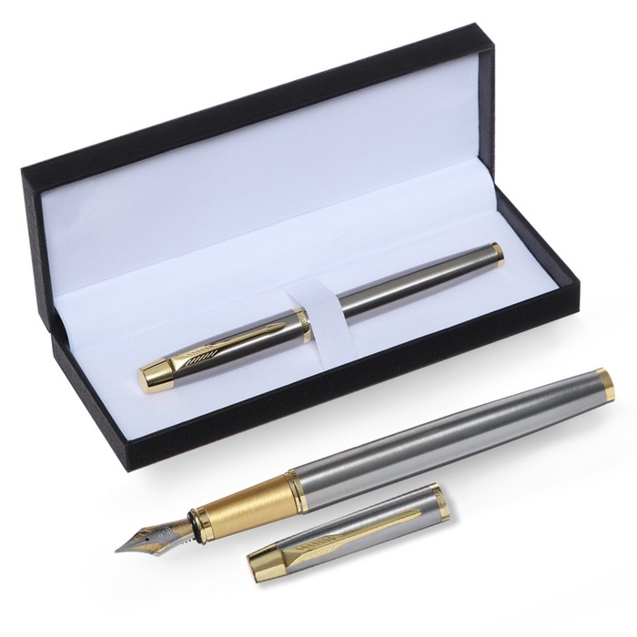Ручка подарочная перьевая в кожзам футляре, корпус серебро, золото - Фото 1