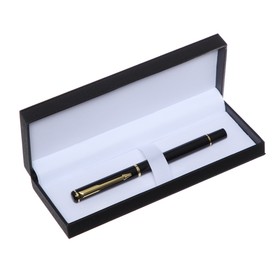 Ручка подарочная перьевая в кожзам футляре, корпус черный, золото, серебро