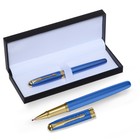 Ручка подарочная роллер, в кожзам футляре, корпус синий, золото - фото 7262960