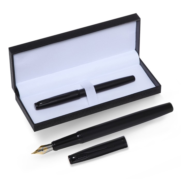 Ручка подарочная перьевая в кожзам футляре, корпус матовый черный - Фото 1