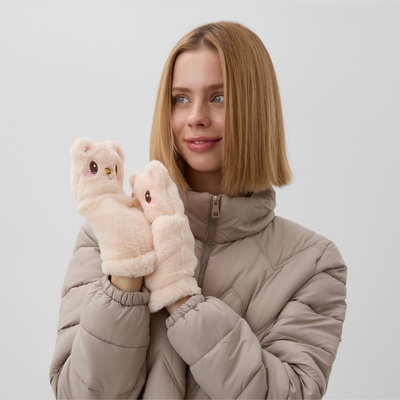 Варежки - митенки женские MINAKU «Мишка», размер 24 см, бежевые