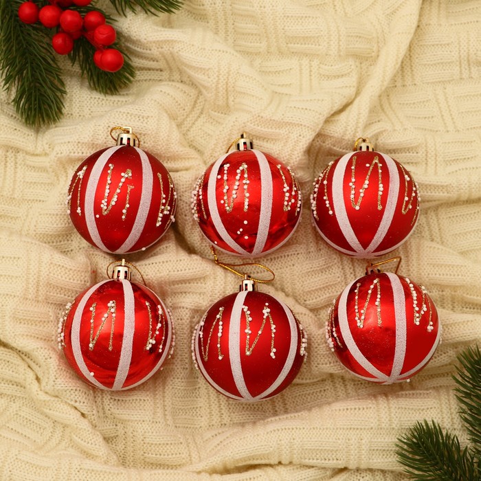 Ёлочные игрушки «Маскарад», шары новогодние, набор 6 шт., d=7 см, красный - Фото 1