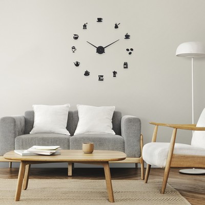 Часы настенные интерьерные для кухни, 3d «Время кофе», наклейка, большие, d=120 см, чёрные