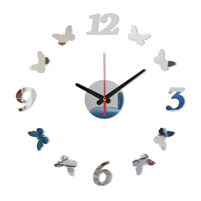 Часы-наклейка, серия: DIY, "Бабочки", плавный ход, d-40 см, серебро