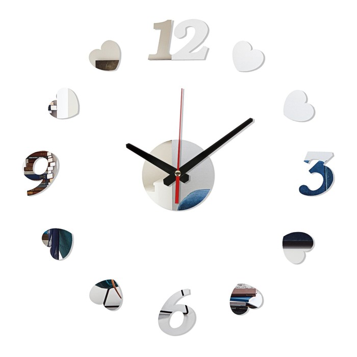 Часы-наклейка, серия: DIY, &quot;Сердечки&quot;, плавный ход, d-40 см, серебро