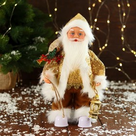 Дед Мороз 'В костюме с пайетками, с фонариком' двигается, с подсветкой, 28 см, золото