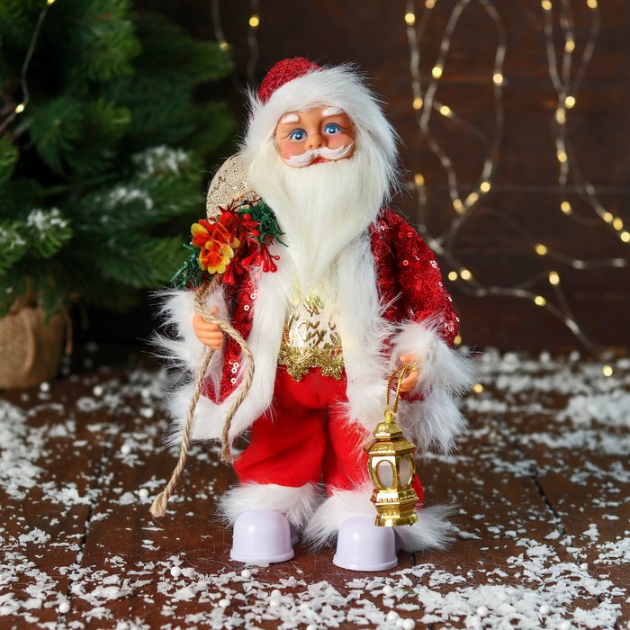 Дед Мороз &quot;В костюме с пайетками, с фонариком&quot; двигается, с подсветкой, 28 см, красный