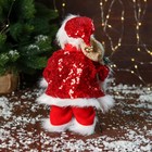 Дед Мороз "В костюме с пайетками, с фонариком" двигается, с подсветкой, 28 см, красный - фото 3907387