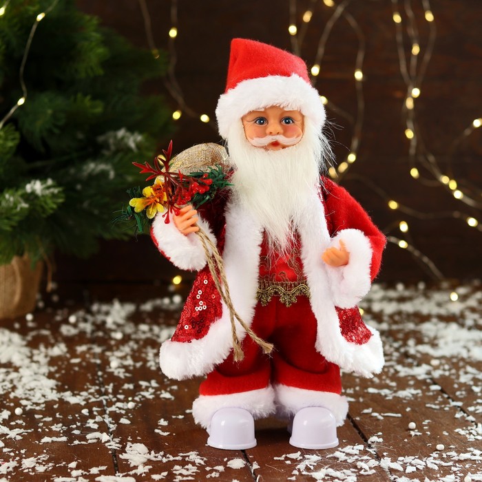 Дед Мороз &quot;В узорном жилете, с подарками&quot; двигается, с подсветкой, 28 см, красный