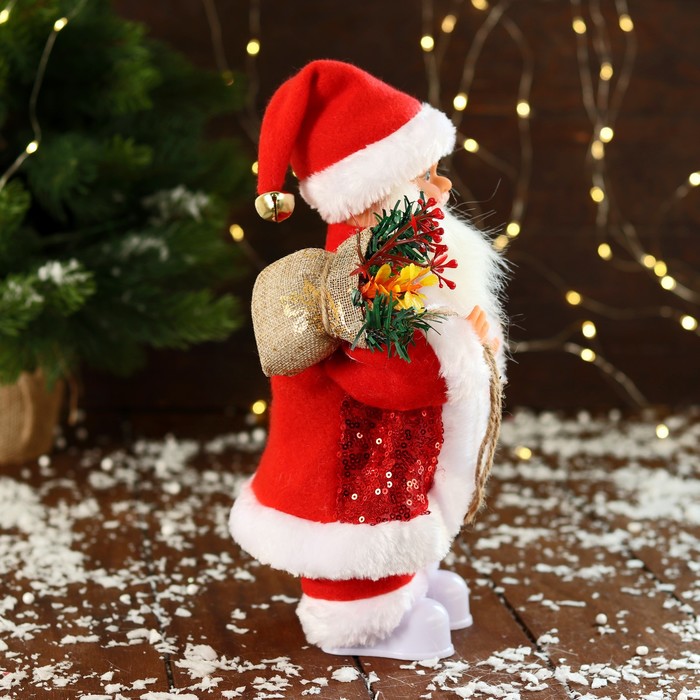Дед Мороз "В узорном жилете, с подарками" двигается, с подсветкой, 28 см, красный