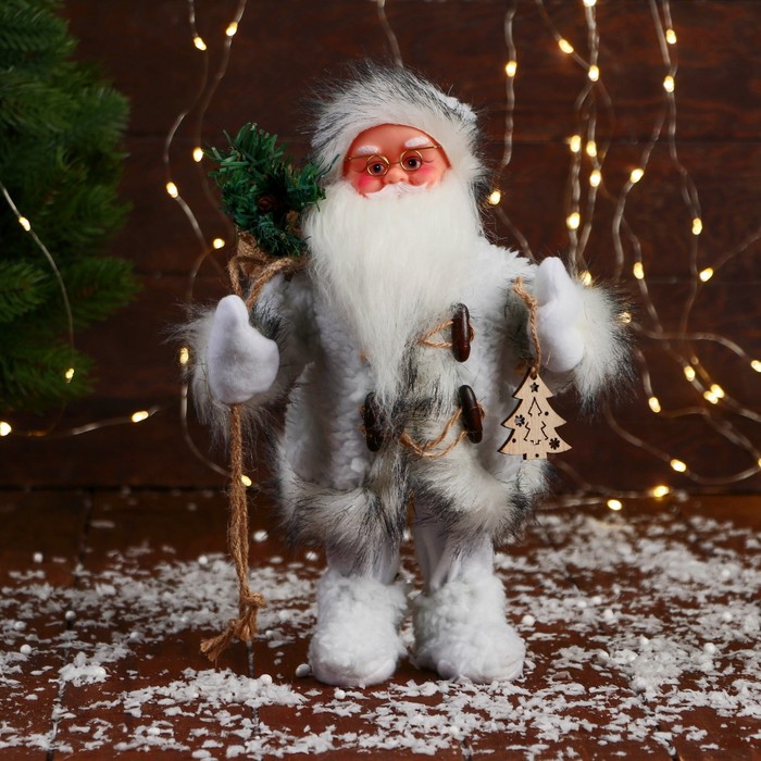 Дед Мороз &quot;С кудрявой бородой, в меховом костюме&quot; 28 см, белый