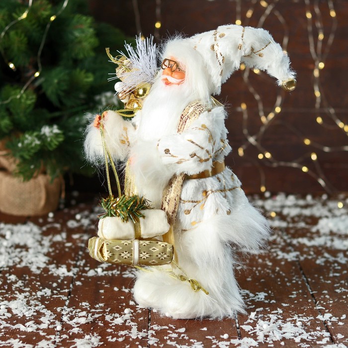Дед Мороз "С подарками и в ремешке" 31 см, бело-золотой