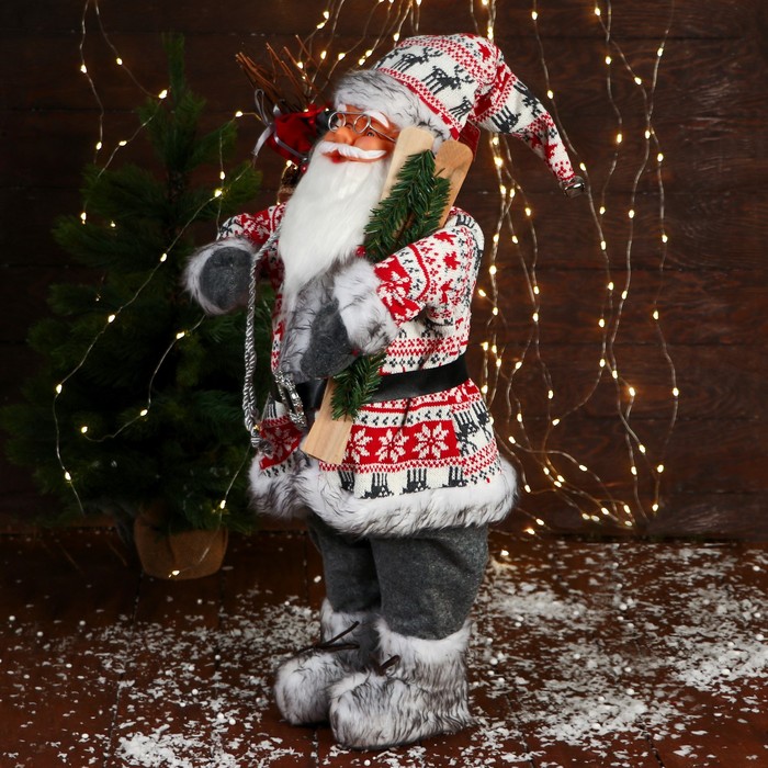 Дед Мороз "В костюме с орнаментом, лыжами и веточками" 60 см, красно-белый - фото 1909271156