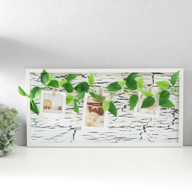 Фоторамка пластик на 3 фото "Кракелюр с листьями" с прищепками, белый 60х30 см