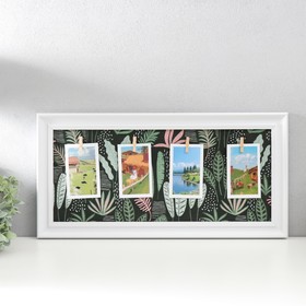 Фоторамка пластик, текстиль на 4 фото "Тропические листья" с прищепками, белый 60х30 см