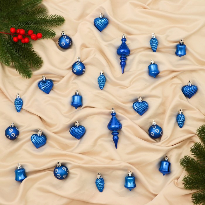 Ёлочные игрушки «Весёлый завиток», новогодние, набор 24 шт., 4 см, синий - Фото 1