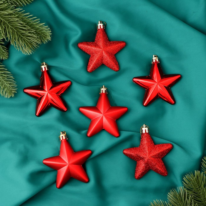 Набор ёлочных украшений 6 шт. «Зимнее волшебство. Звездопад» пластик, 8 см, красный - Фото 1