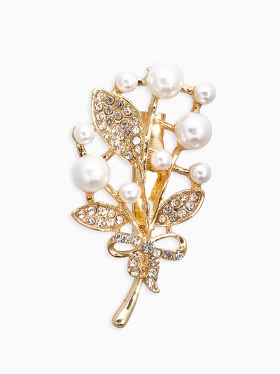 Брошь «Ветка» жемчужных ягод, цвет белый в золоте