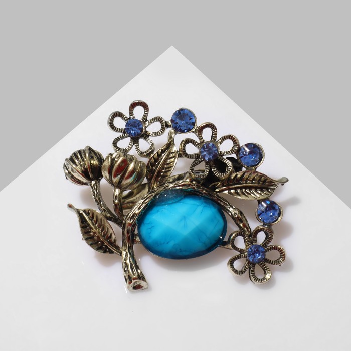 Брошь «Оливка» с цветами, цвет сине-голубой в чернёной бронзе - Фото 1