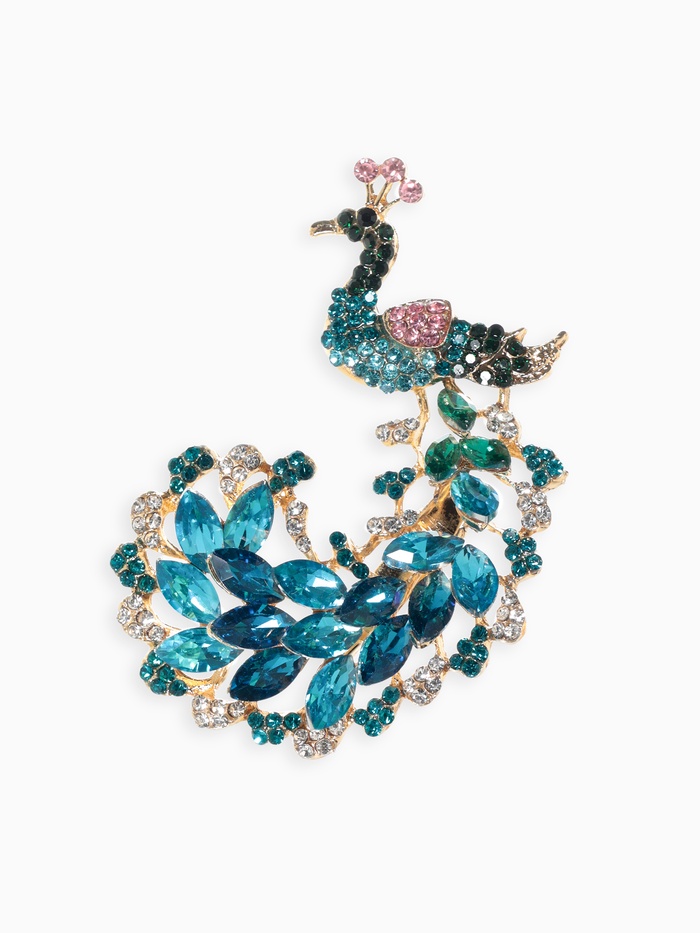 Брошь «Птица» павлин, цветная в жёлтом золоте - Фото 1