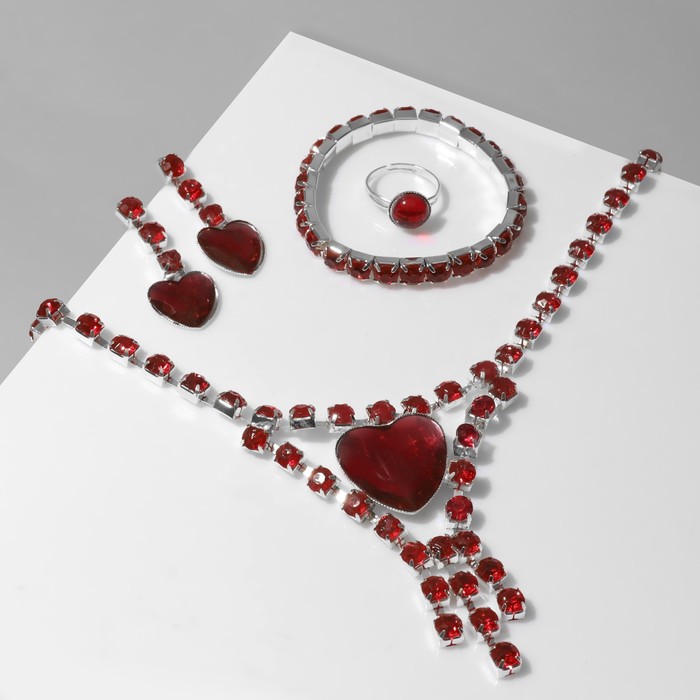 Набор 4 предмета: серьги, колье, браслет, кольцо «Сердце» в кругах, цвет красный в серебре
