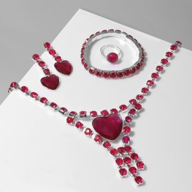 Набор 4 предмета: серьги, колье, браслет, кольцо 'Сердце' в кругах, цвет розовый в серебре