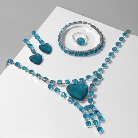 Набор 4 предмета: серьги, колье, браслет, кольцо 'Сердце' в кругах, цвет голубой в серебре