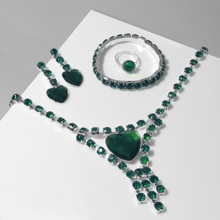 Набор 4 предмета: серьги, колье, браслет, кольцо «Сердце» в кругах, цвет зелёный в серебре - Фото 1