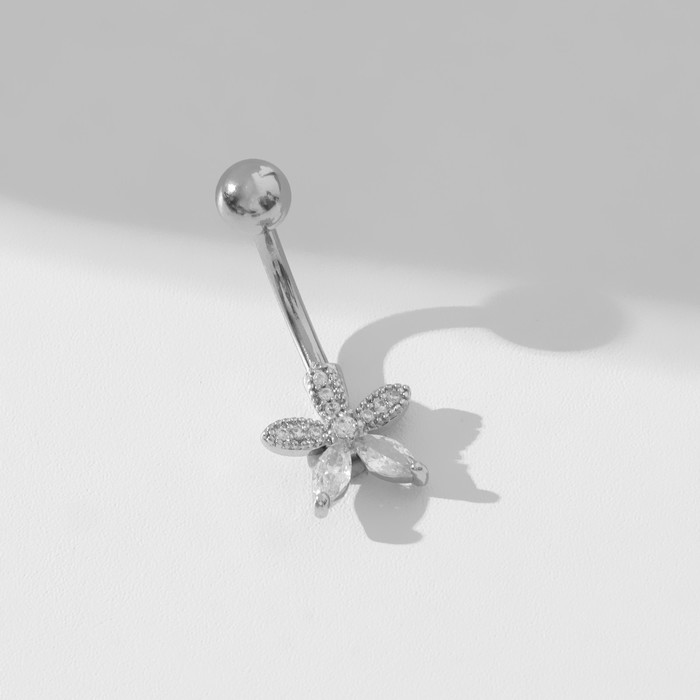 Пирсинг в пупок «Цветок» симпл, штанга L=1 см, цвет белый в серебре - Фото 1