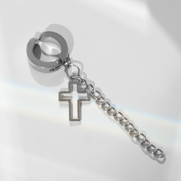 Пирсинг в ухо (фейк) «Крестик» с цепью, d=13 мм, цвет серебро