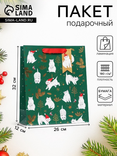 Пакет подарочный новогодний ламинированный «Новогодние котики», люкс 26×32×12 см