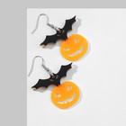 Серьги акрил "Тыквы" с летучими мышами, цвет чёрно-оранжевый в серебре - фото 2892580