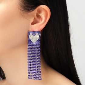 Серьги висячие со стразами "Грация" сердца в квадрате, цвет бело-синий в золоте