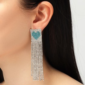 Серьги висячие со стразами "Грация" сердца в квадрате, цвет серебристо-голубой в серебре