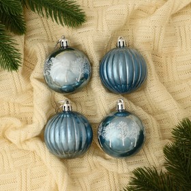 Набор шаров пластик d-5,5 см, 4 шт "Новогодние забавы" зимний лес полосы, голубой