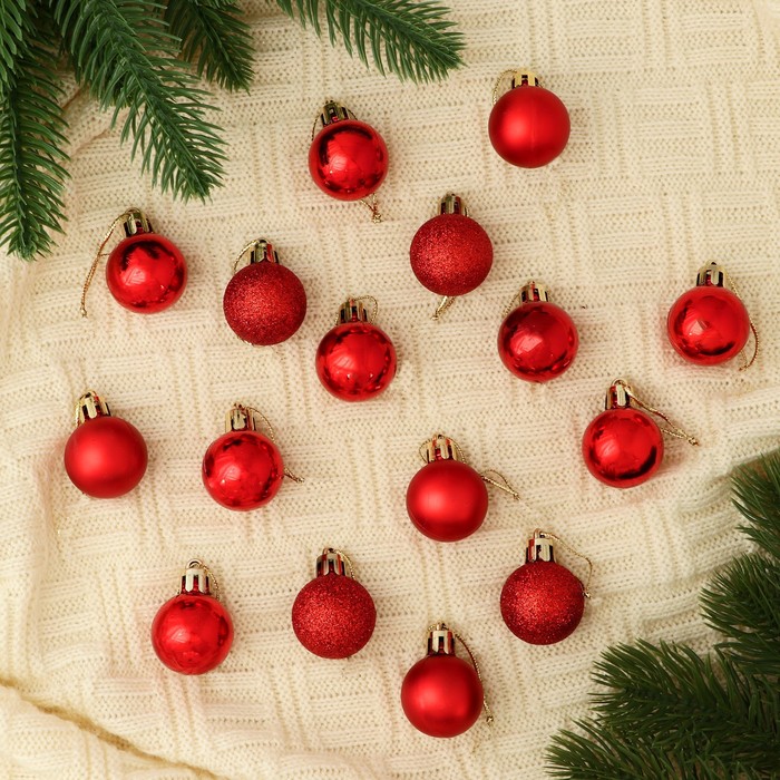 Ёлочные игрушки «Праздничный переполох», шары новогодние, d=3 см, набор 16 шт., красный - Фото 1