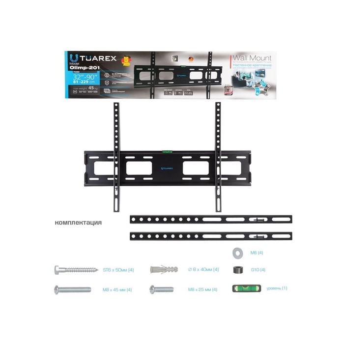 Кронштейн Tuarex OLIMP-201, для ТВ, фиксированный, 32-90", до 45 кг, 20 мм от стены, черный - фото 51435893