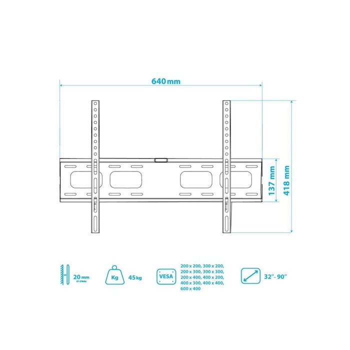 Кронштейн Tuarex OLIMP-201, для ТВ, фиксированный, 32-90", до 45 кг, 20 мм от стены, черный - фото 51435894