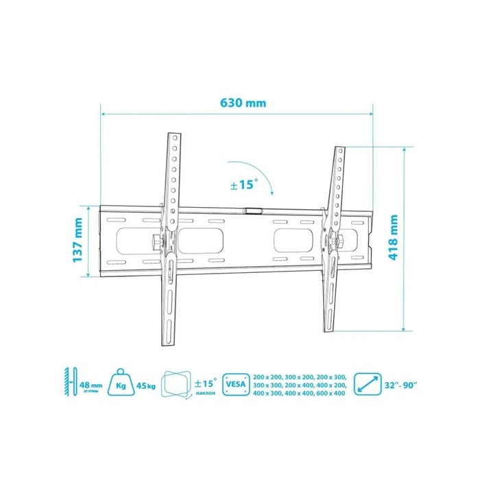 Кронштейн Tuarex OLIMP-202, для ТВ, наклонный, 32-90", до 45 кг, 48 мм, черный - фото 51435940