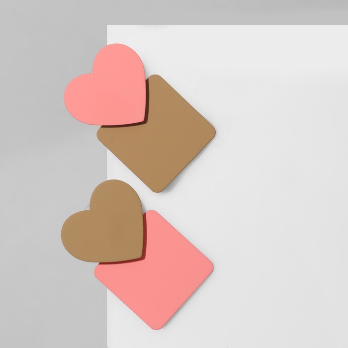 Серьги «Сердце» с квадратом, цвет розово-коричневый