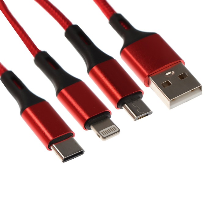 Кабель 3 в 1 MB mobility, USB - microUSB/Lightning/Type-C, 2 А, 1 м, нейлон, красный - фото 51465510