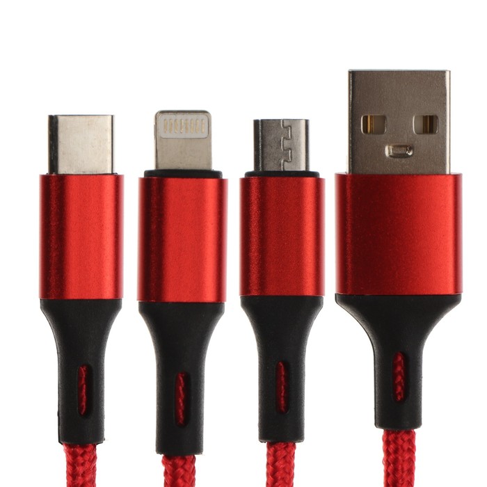 Кабель 3 в 1 MB mobility, USB - microUSB/Lightning/Type-C, 2 А, 1 м, нейлон, красный - фото 51465511