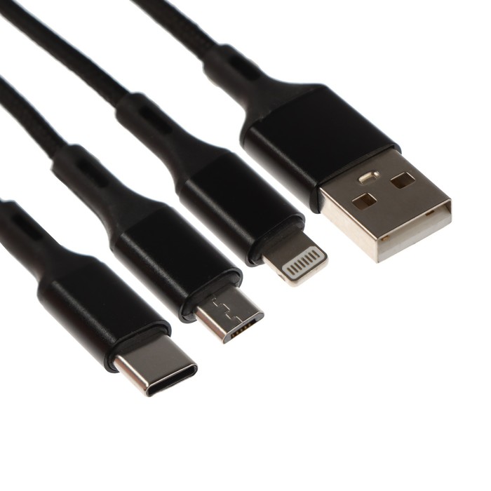 Кабель 3 в 1 MB mobility, USB - microUSB/Lightning/Type-C, 2 А, 1 м, нейлон, черный - фото 51465520