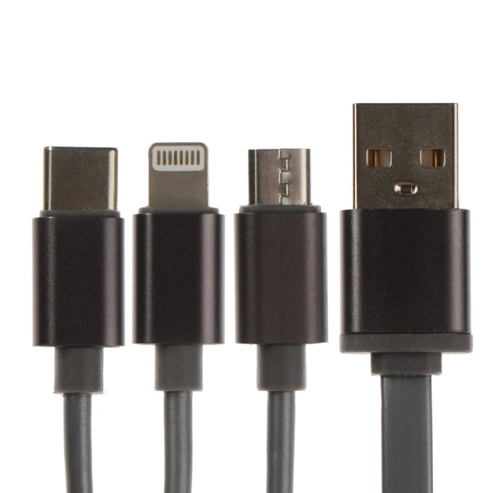 Кабель 3 в 1 MB mobility, USB - microUSB/Lightning/Type-C, 2 А, рулетка, серебристый - фото 51465526