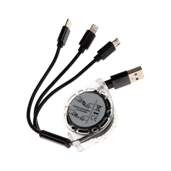 Кабель 3 в 1 MB mobility, USB - microUSB/Lightning/Type-C, 2 А, рулетка, черный - фото 51465534