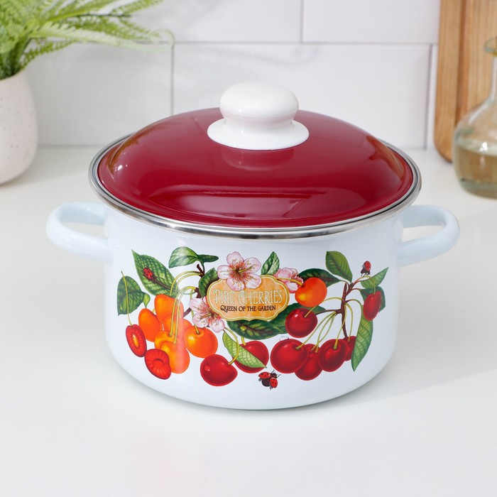 Кастрюля эмалированная «Черешня», 3 л, индукция, цвет белый - Фото 1