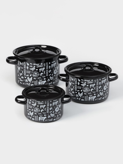 Набор кастрюль эмалированных «Ферма», 3 предмета: 1.5 л, 2.9 л, 4.5 л, чёрный